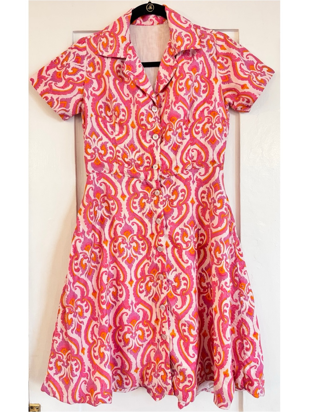 Vintage Silk Pink & Orange Patterned Button-Front Dress